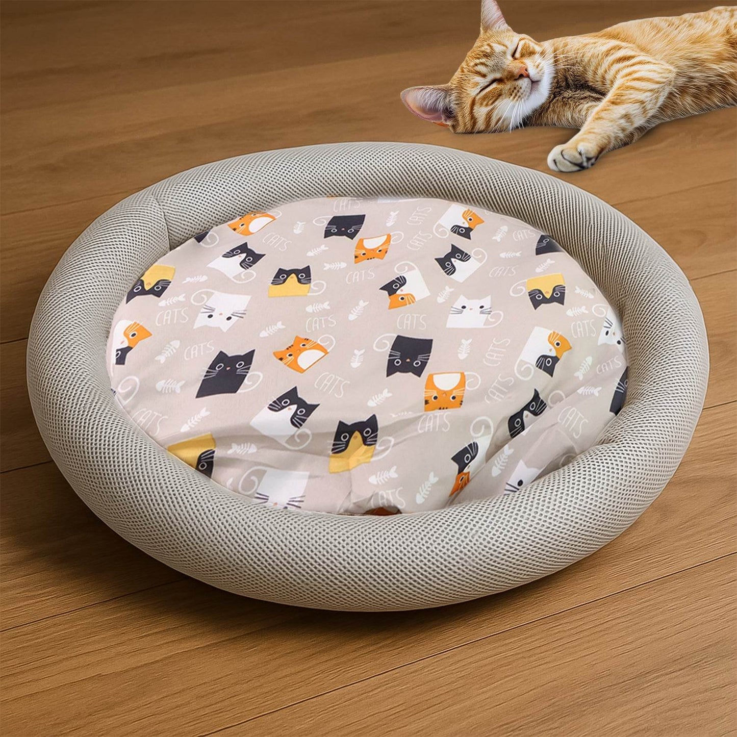 Round Soft Plush Cat Bed With Cartoon Cat Print Cushion 1 Pc - Best Deals at BeSh Deals®