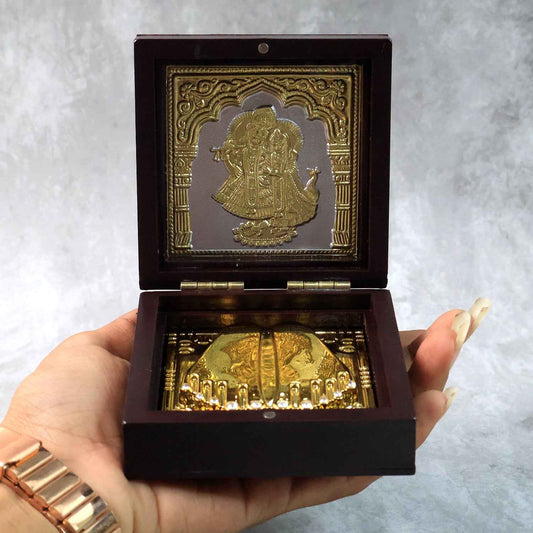 Golden Charan Paduka In Wooden Box Spiritual Gift Pooja Accessory