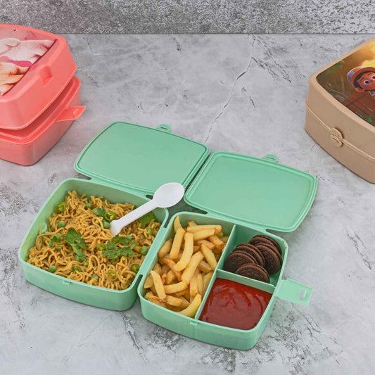 5787 Double-layer Square Lunch Box With Spoon 4 Compartment Tiffin Push Lock Plastic Tiffin Box For Travelling School Kids Office Exclusive Home