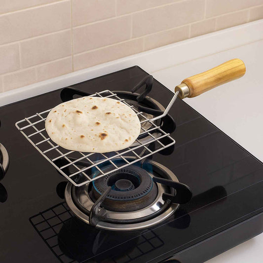 2086 Kitchen Square Stainless Steel Roaster Papad Jali Barbecue Grill With Wooden Handle