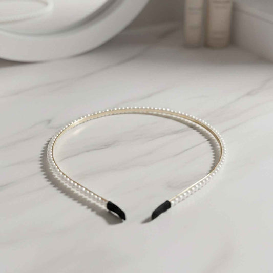 Elegant Pearl Beaded Slim Golden Metal Hair Band (1 Pc)