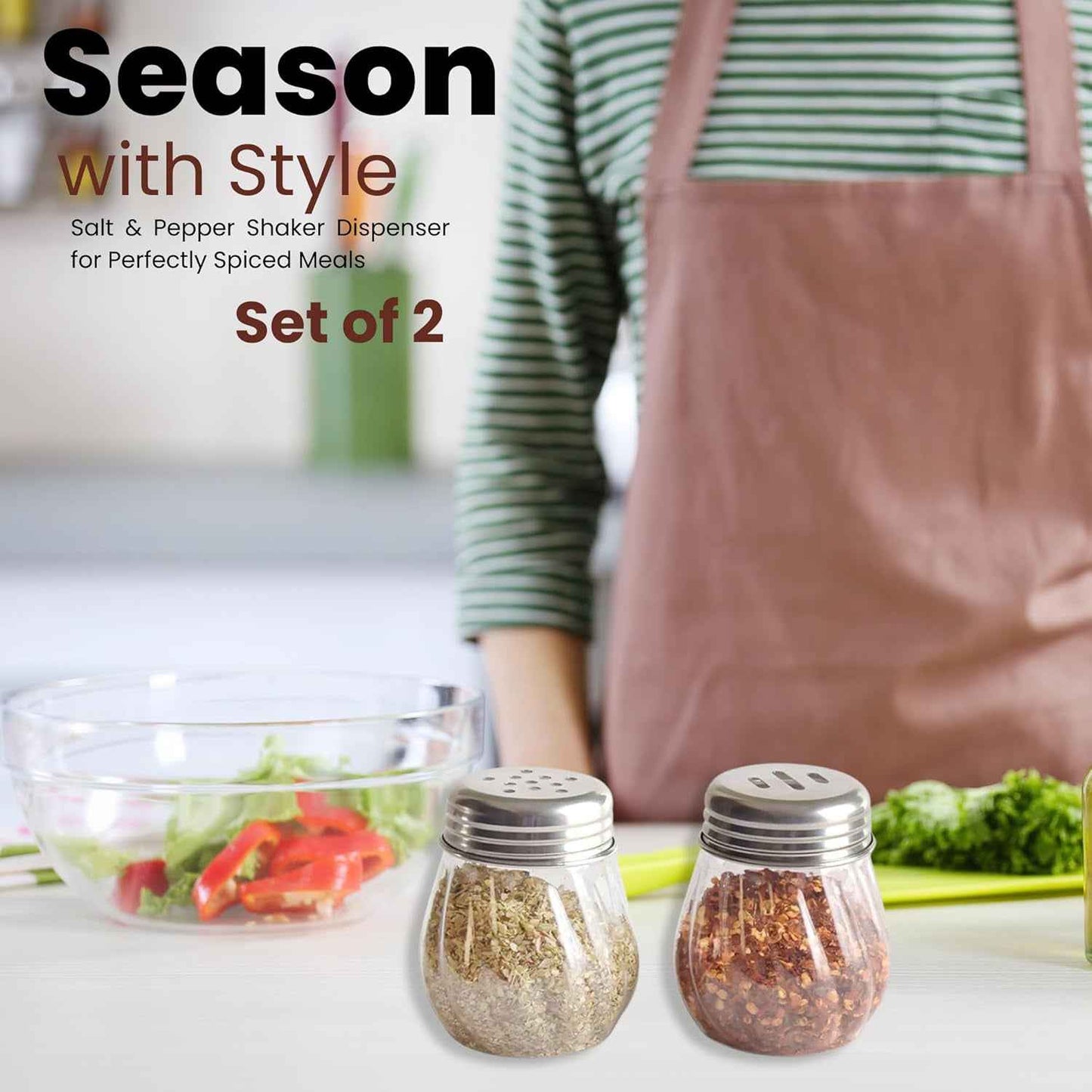 Apex Oregano  Chilli Flakes Dispenser Set  2 Pcs Glass Spice Shaker With Stainless Steel Lid
