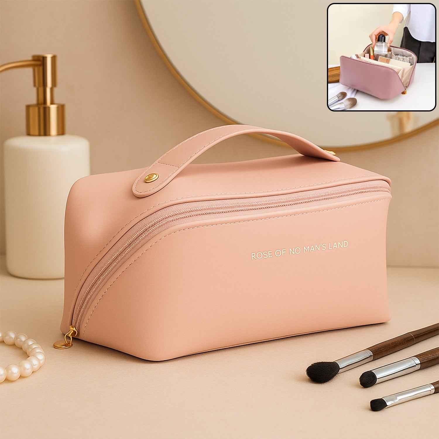 Premium Peach Travel Makeup  Toiletry Organizer Pouch With Zipper  Handle (1 Pc)