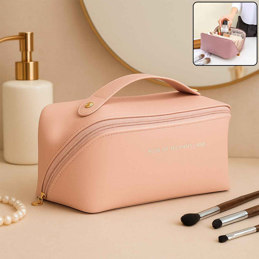 Premium Peach Travel Makeup  Toiletry Organizer Pouch With Zipper  Handle (1 Pc)