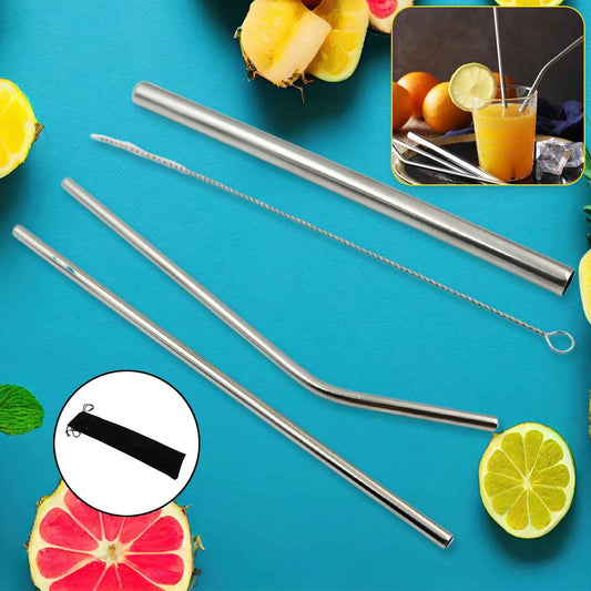 0600 Reusable Stainless Steel Straws With Travel Case Cleaning Brush Eco Friendly Extra Long Metal Straws Drinking Set Of 4 (2 Straight Straws 1 Bent Straws 1 Brush)