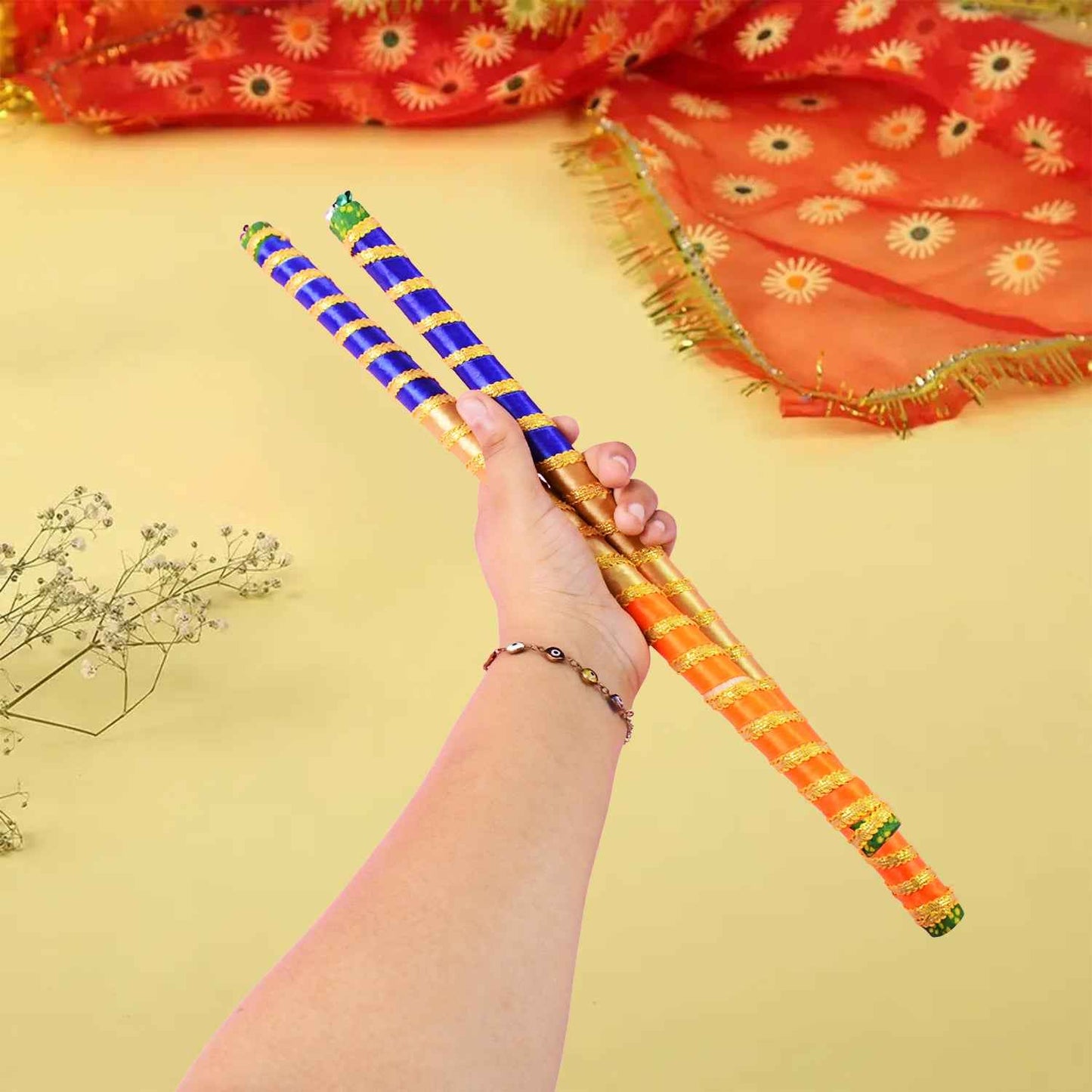 Traditional Decorative Dandiya Sticks Pair For Navratri Garba (2 Pc)