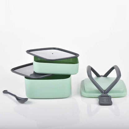 Green Double Layer Portable Lunch Box Stackable With Carrying Handle And Spoon Lunch Box - BeSh Deals®