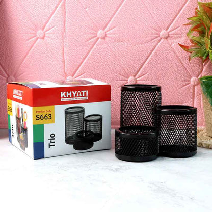 Khyati Trio Metal Mesh Pen Stand  3-in-1 Round Desk Organizer Set