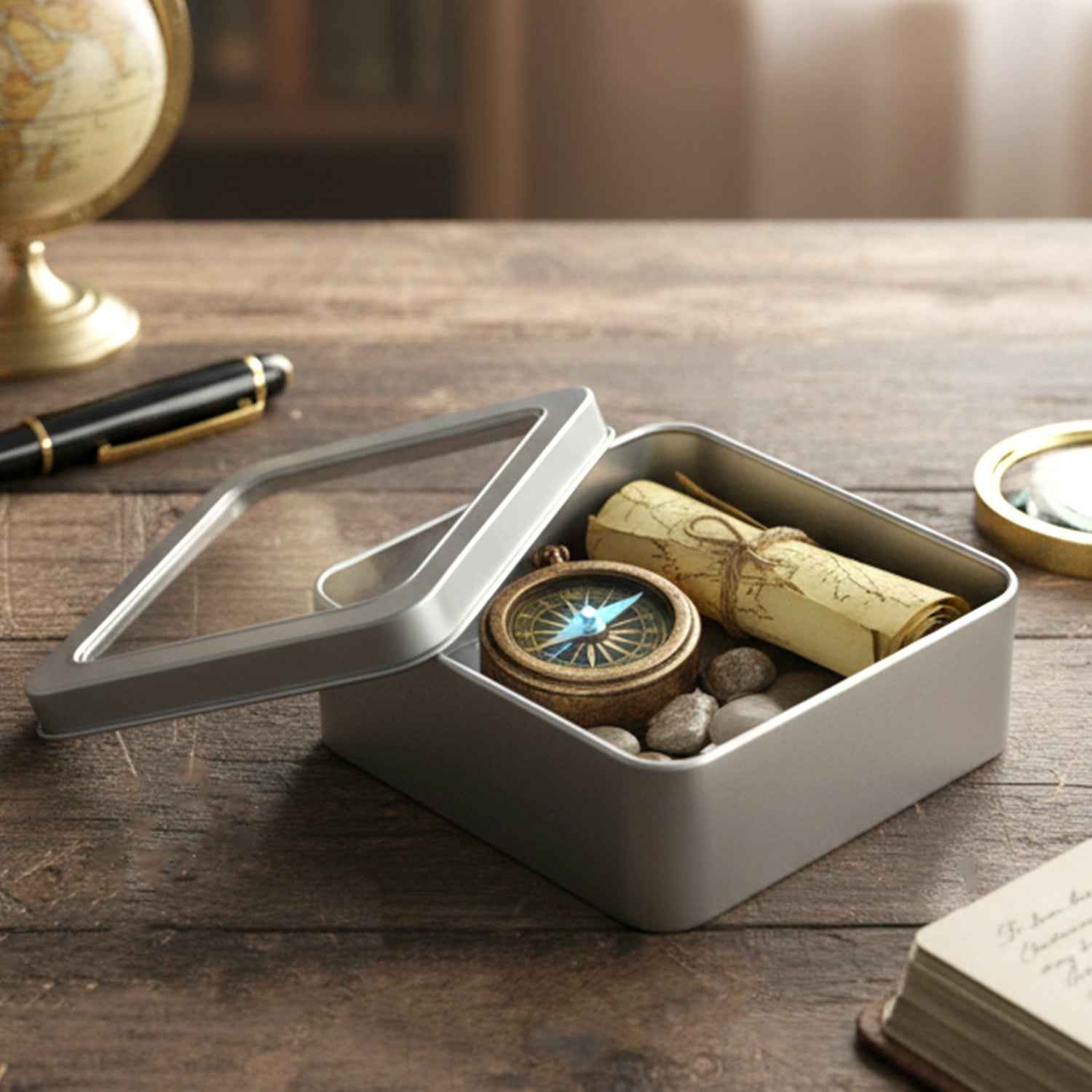 Square Metal Storage Tin Box With Transparent Window Lid (1 Pc 9.5 X 9.5 Cm)
