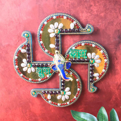 Golden Swastik Shubh Labh Wall Hanging With Ganesh Idol (1 Pc)