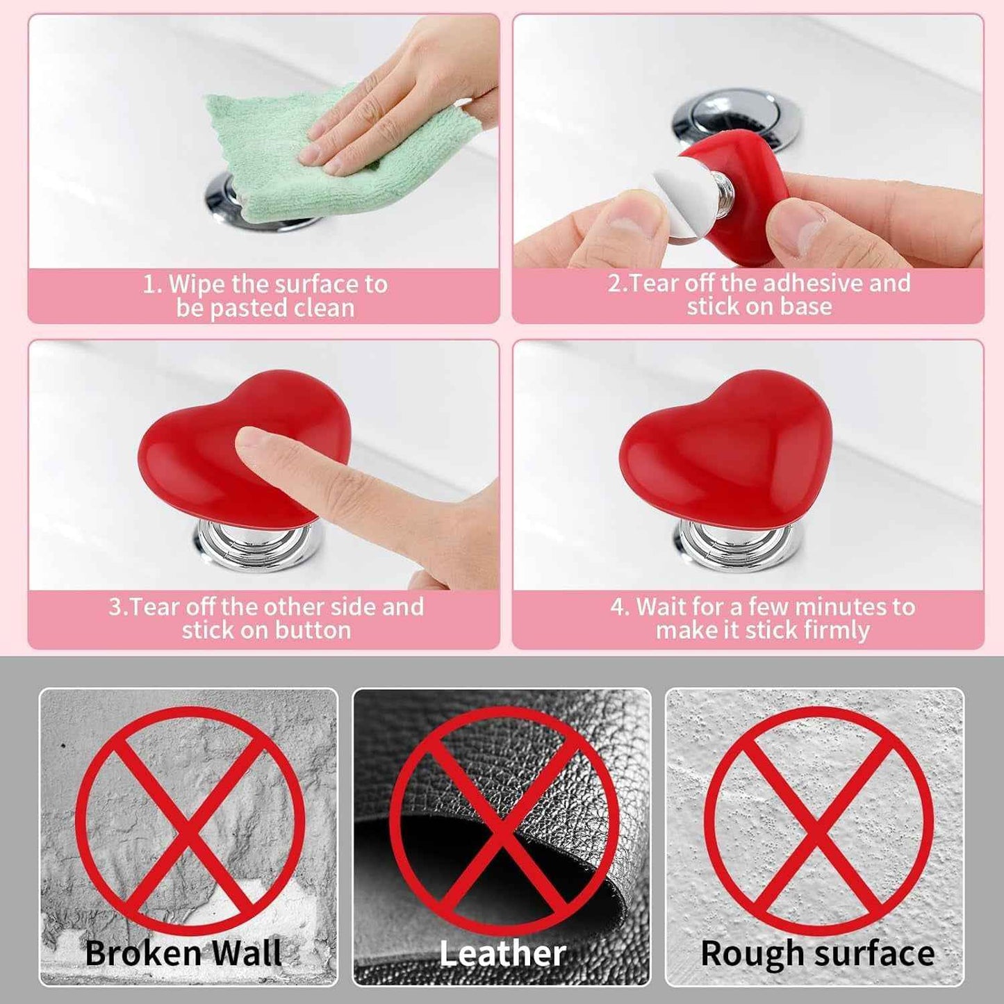 Multipurpose Cabinet Door Handle Drawer Heart-shaped Knob Pulls Toilet Press Button (4 Pc)