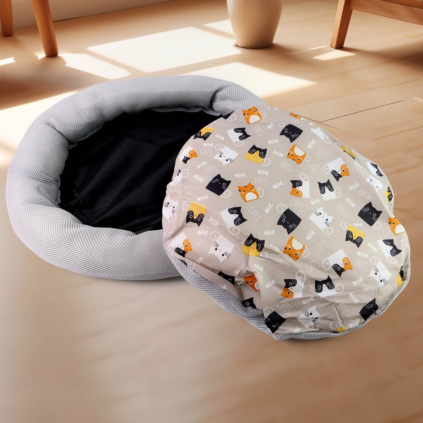 Round Soft Plush Cat Bed With Cartoon Cat Print Cushion  1 Pc - Best Deals at BeSh Deals®