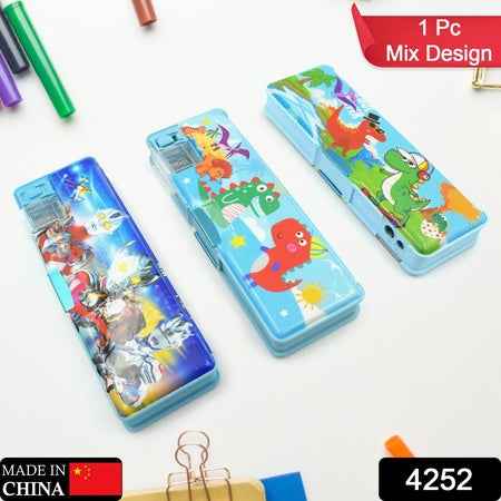 4252 Multipurpose Compass Box Plastic Double Deck Pencil Case With 2 Compartments Supplies Utility Box Storage Organizer Pencil Box For School Cartoon Printed Pencil Case For Kids Birthday Gift For Girls  Boys (1 Pc Mix Design)
