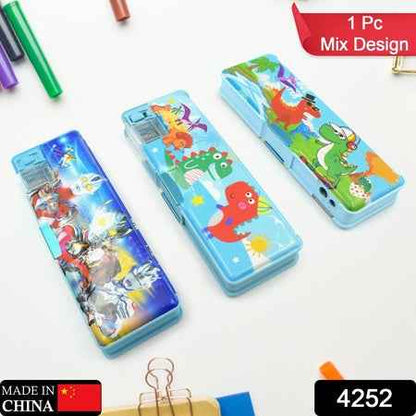 4252 Multipurpose Compass Box Plastic Double Deck Pencil Case With 2 Compartments Supplies Utility Box Storage Organizer Pencil Box For School Cartoon Printed Pencil Case For Kids Birthday Gift For Girls  Boys (1 Pc Mix Design)
