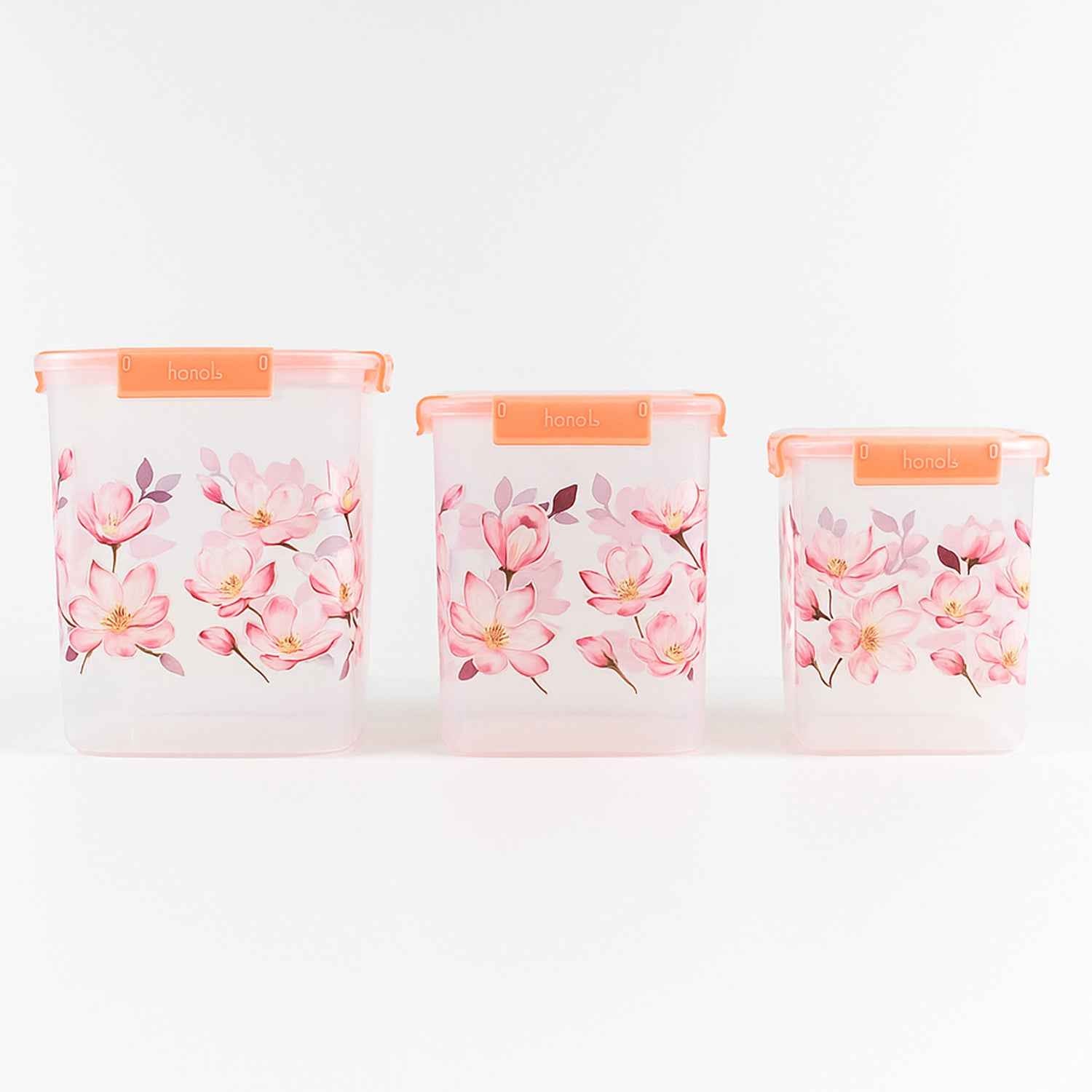 Square 3 Pcs Floral Printed Airtight Storage Container Set  Approx 2.8 Ltr 4.5 Ltr 6.9 Ltr (3 Pcs Set)