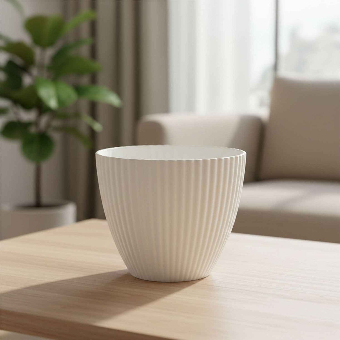 Premium White Ribbed Decorative Flower Pot (1 Pc)