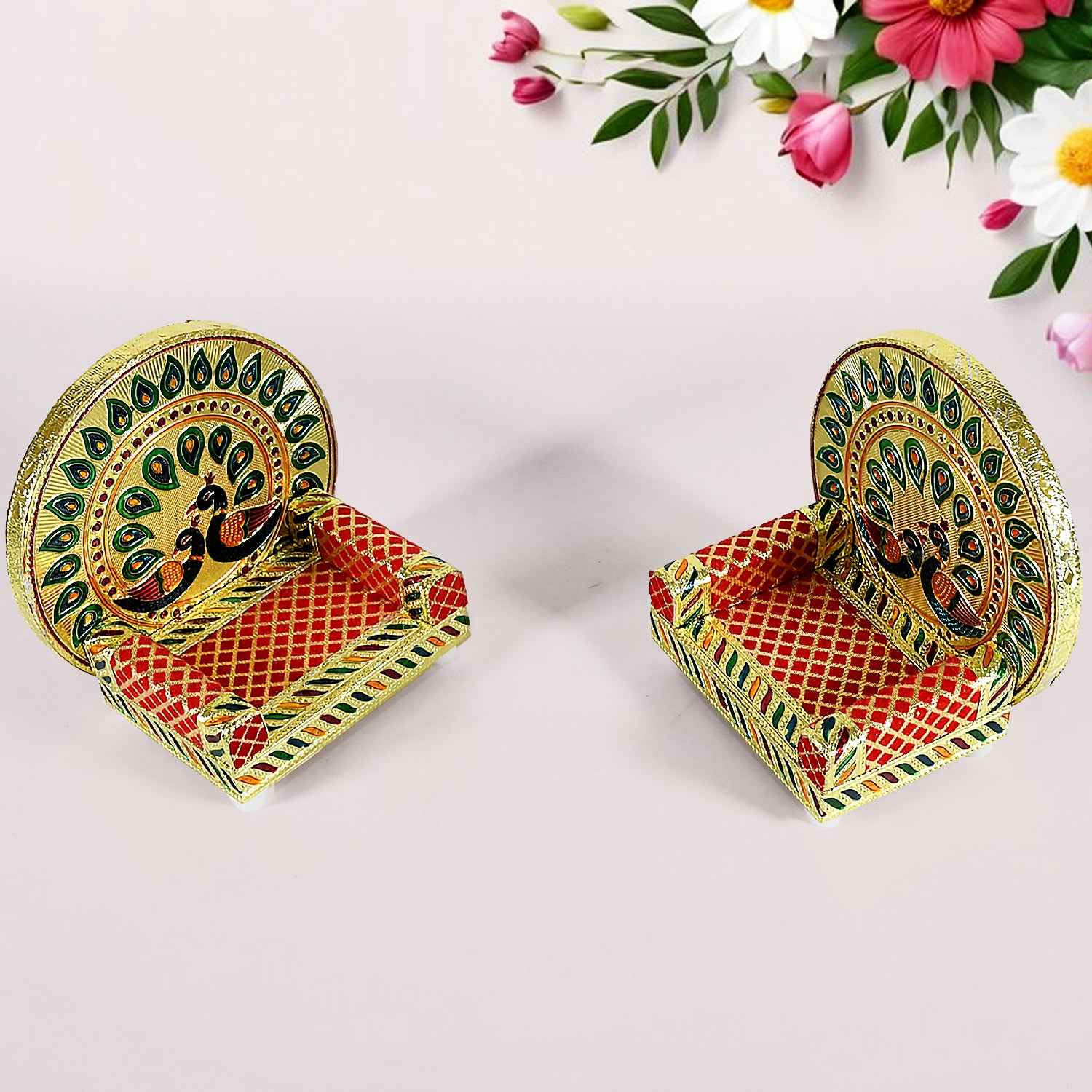 17697 Meenakari Work Laddu Gopal Singhasan For Pooja Mandir Wooden Krishna Ladoo Bal Gopal Sofa Asan Home Decorative Premium Look Decorative Singhasan Suitable For Home Office Restaurant (2 Pc Set)