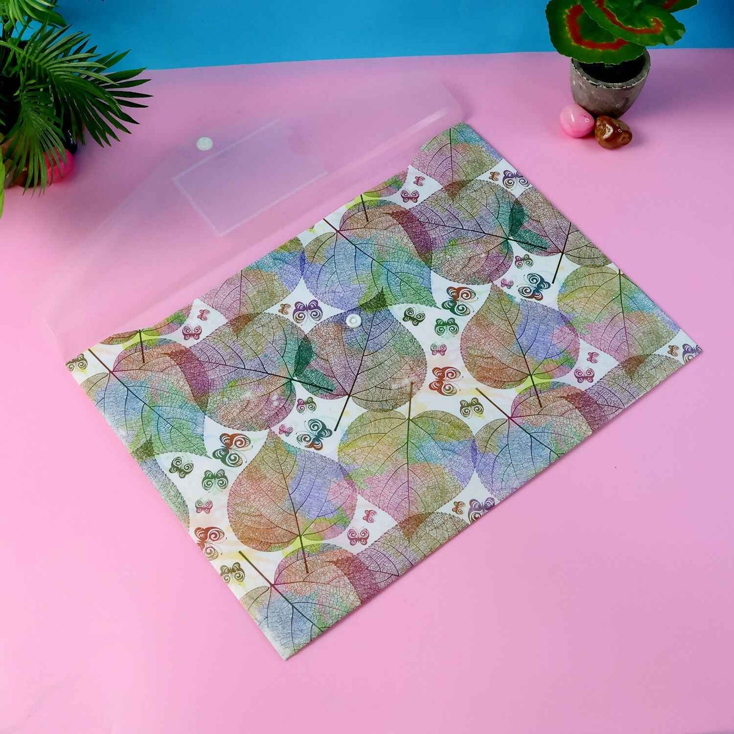 Printed A4 Document Folder  Leaf Design With Button Closure  Label Slot (1 Pc)