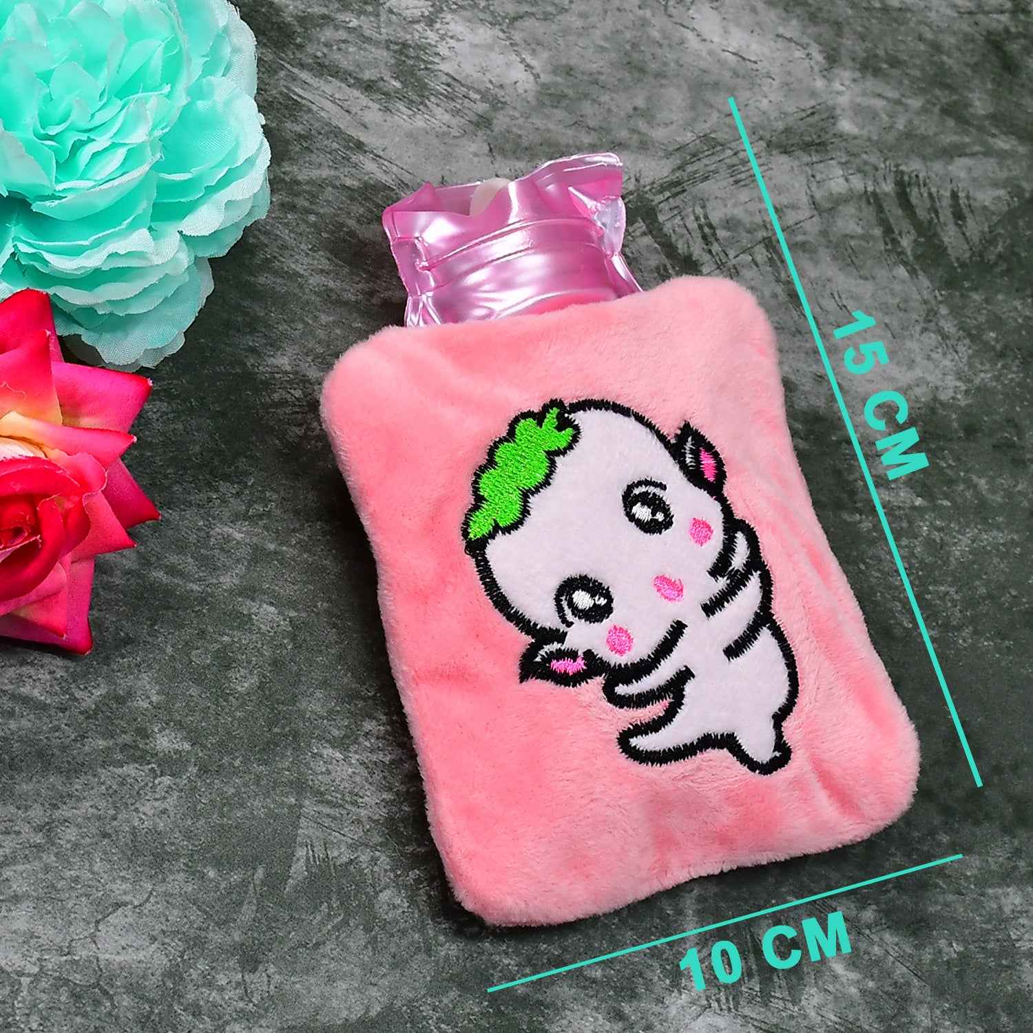 6532 Pink Cartoon Small Hot Water Bag With Cover For Pain Relief Neck Shoulder Pain And Hand Feet Warmer Menstrual Cramps.