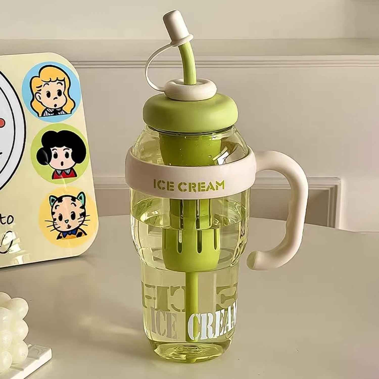 Approx 1300ml Large Capacity Cute Ice Cream Themed Water Bottle With Handle Straw  Fruit Infuser  Leakproof Sipper For Kids  Adults