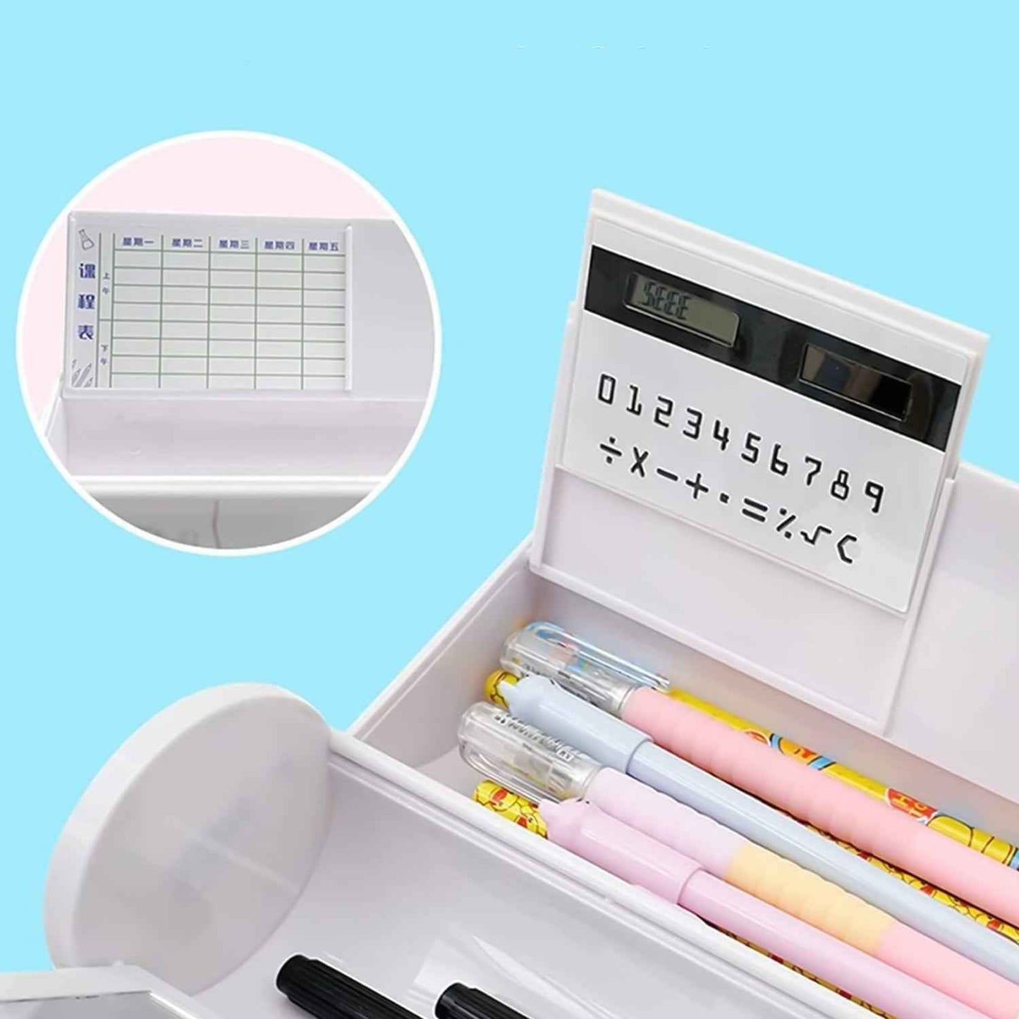 17609 8 in 1 Compass Box, Geometry Box 2 Compartment, Pencil Box with 1 Calculator, 1 Mirror, 2 Marker for Boys Art Plastic Pencil Box