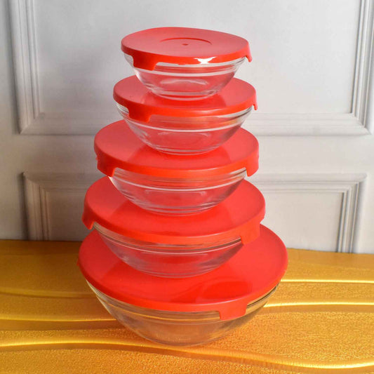 Modern Glass Bowl Set Mixing  Storage Bowls With Red Lids (5 Pcs Set)