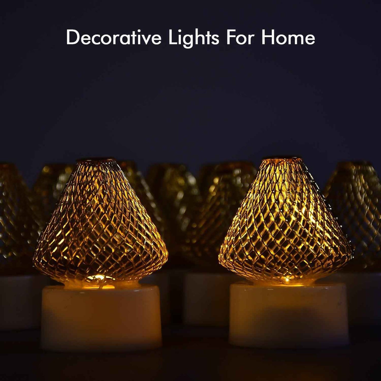 Set Of 12 Decorative Led Flameless Candle Lights With Golden Net Cover
