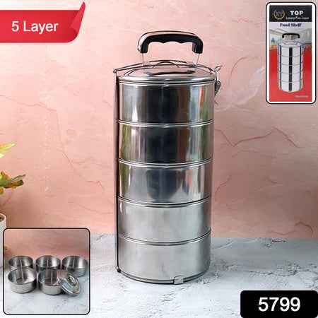 5799 Big Size 5 Compartment Lunch Box Stainless Steel Round Tiffin Traditional Tiffin Box For Kids College Office Men And Women Meal Holder With Locking Clip 5 Containers (16x5 Inch)