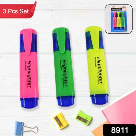 Highlighter Pen Assorted Colours Water Based Broad Tip Writing Marker (3 Pcs Set)
