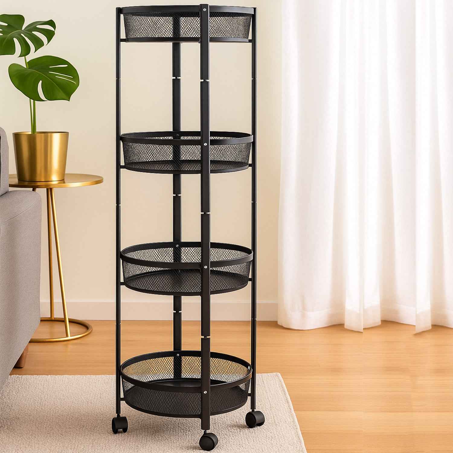 4-layer Round Metal Mesh Storage Organizer Rack With Wheels (1 Pc)