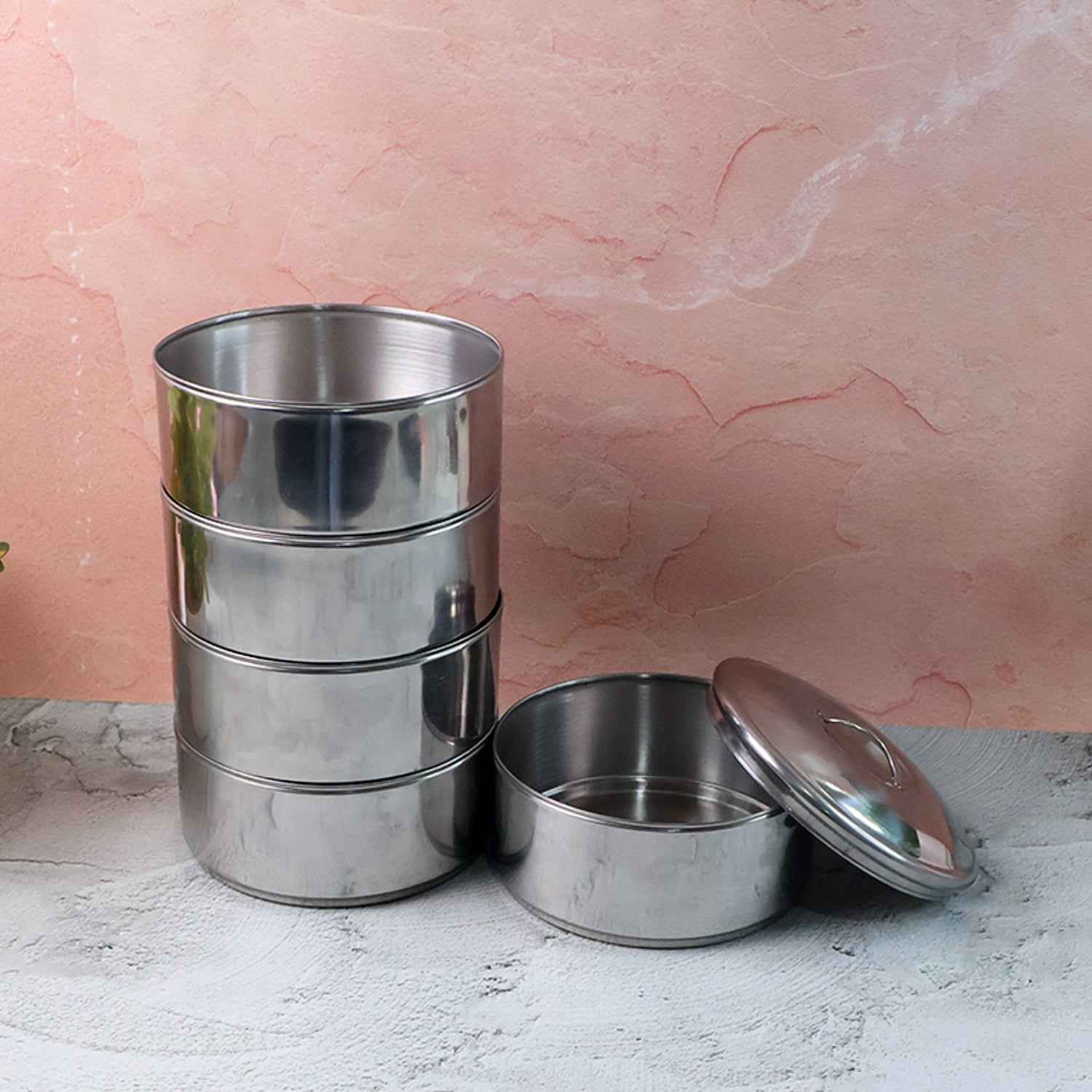 5799 Big Size 5 Compartment Lunch Box Stainless Steel Round Tiffin Traditional Tiffin Box For Kids College Office Men And Women Meal Holder With Locking Clip 5 Containers (16x5 Inch)