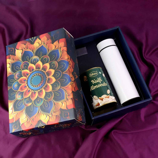 Effete Kulfi Almonds Gift Hamper Golden With Bottle (2 Pc Set)