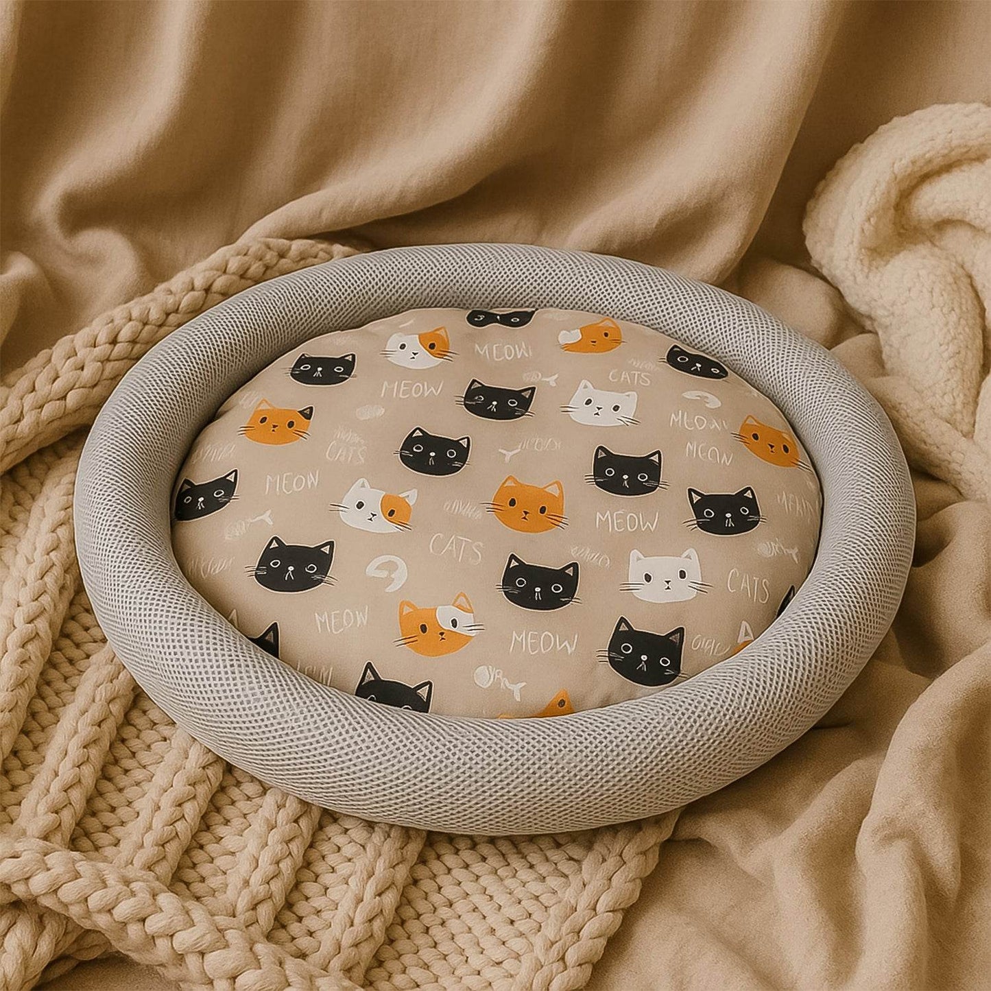 Round Soft Plush Cat Bed With Cartoon Cat Print Cushion  1 Pc - Best Deals at BeSh Deals®