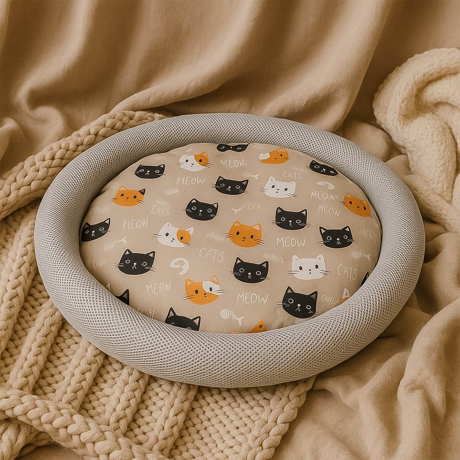 Round Soft Plush Cat Bed With Cartoon Cat Print Cushion  1 Pc - Best Deals at BeSh Deals®
