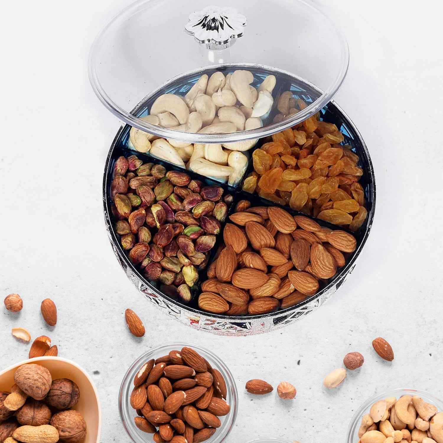 Multipurpose Dry Fruit Box 4 Section Dry Fruit Round Silver Gift Box (1 Pc)