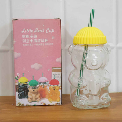 Cute Glass Bear Shape Kids Drinking Cup Bottle With Straw (1 Pc 350 Ml)