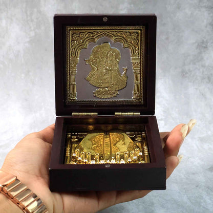 Golden Charan Paduka In Wooden Box  Spiritual Gift  Pooja Accessory