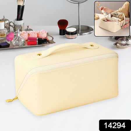 Premium Cream Travel Makeup  Toiletry Organizer Pouch With Zipper  Handle (1 Pc)