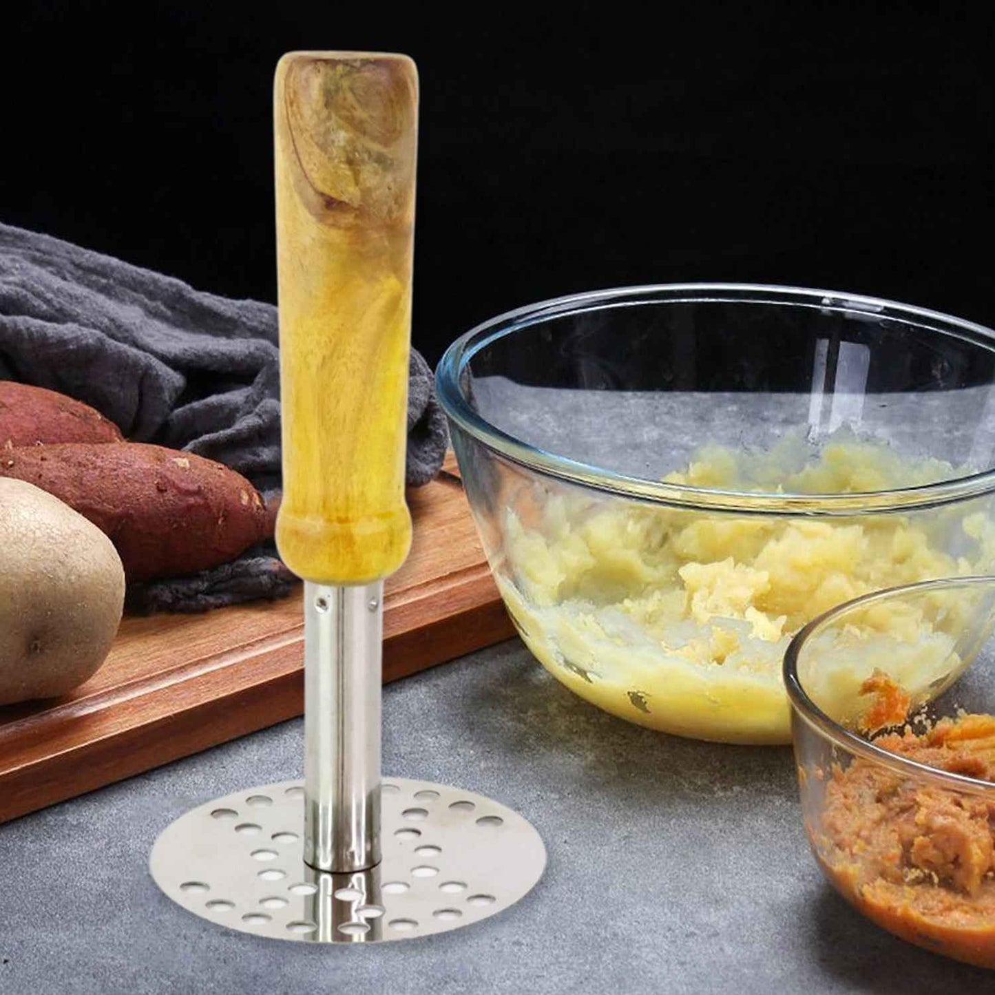 064 Stainless Steel Potato Masher Pav Bhaji Masher With Wooden Handle