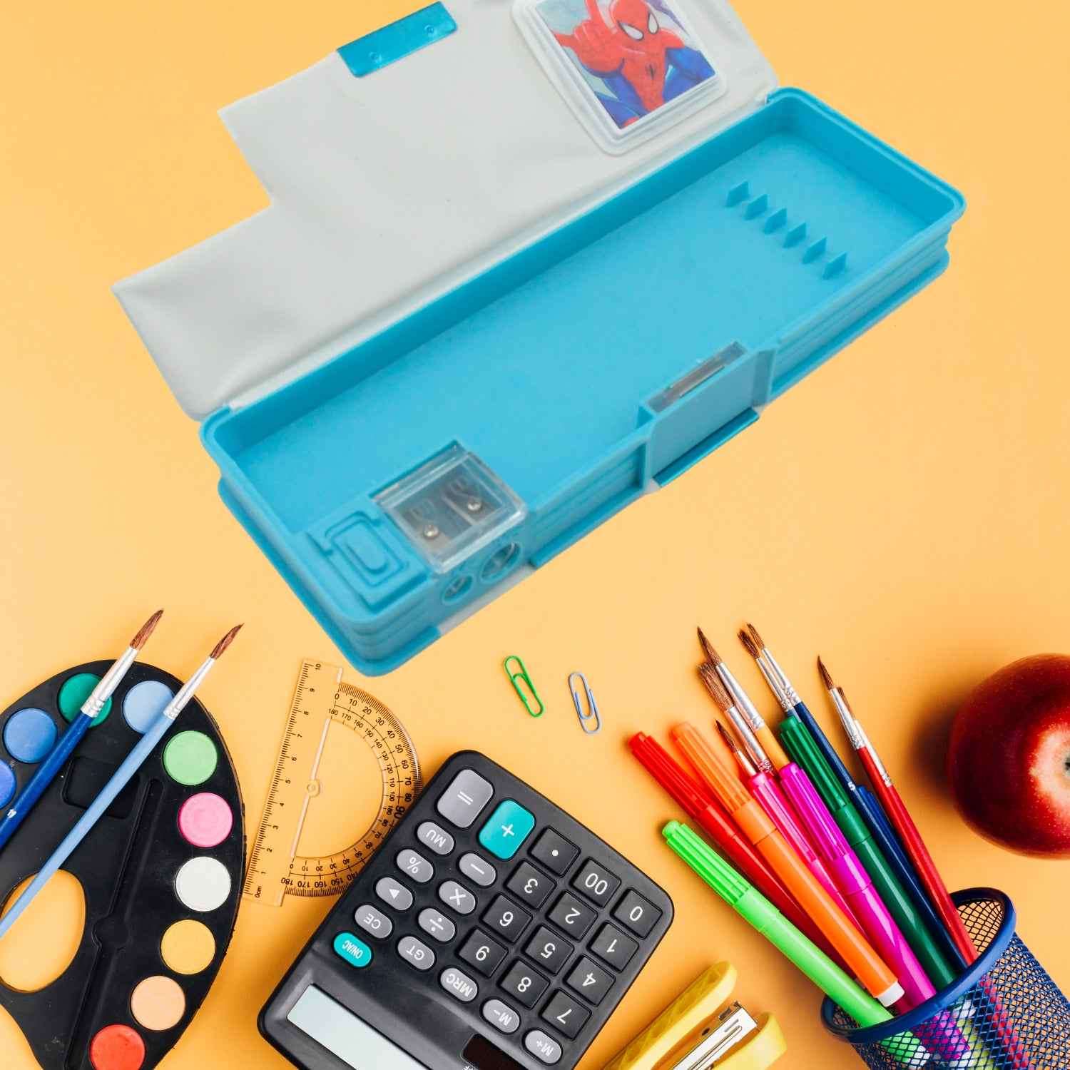 4260 Art  Stationery Cartoon Multi-functional Geometry Box For Boys With Inbuilt Calculator 2 Sides Open And Double Sharpener Stationery Kit Pencil Box For Boys Art Plastic Pencil Box  For Girls And Boys