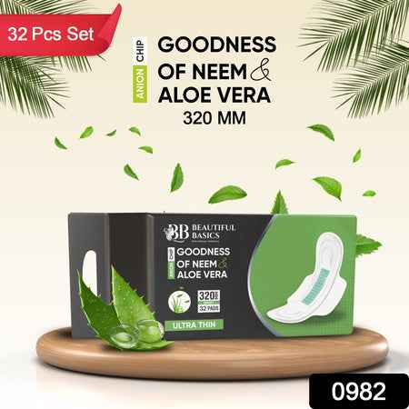 0982 Sanitary Pads For Women With Goodness Of Neem  Aloe Vera  Ultra Thin  Leakage Protection  Ph Balance  With Antibacterial Anion Chip  5x More Absorbance (320 Mm  32 Pads)
