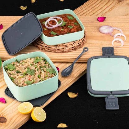 Green Double Layer Portable Lunch Box Stackable With Carrying Handle And Spoon Lunch Box - BeSh Deals®