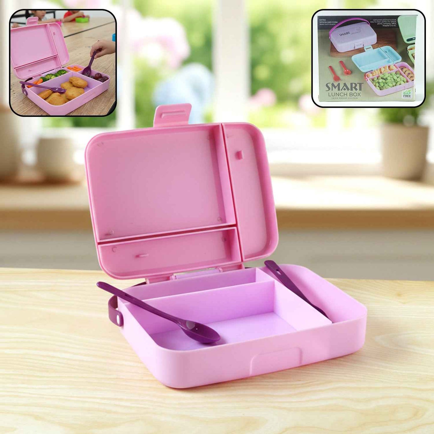 Smart Leak Proof Lunch Box With 3 Compartments And Spoon Set (1 Set)