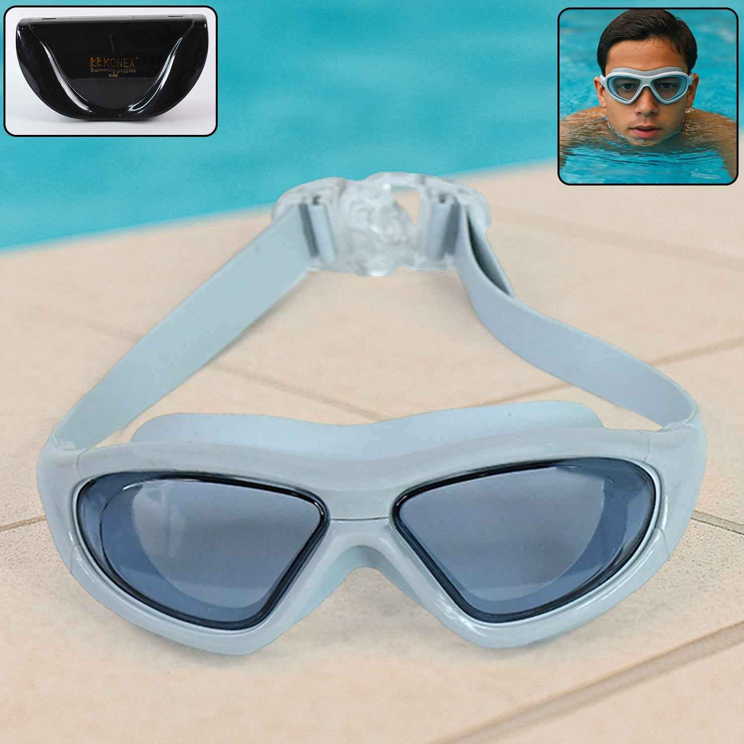 Premium Wide Vision Swimming Goggles With Protective Hard Case (1 Pc)