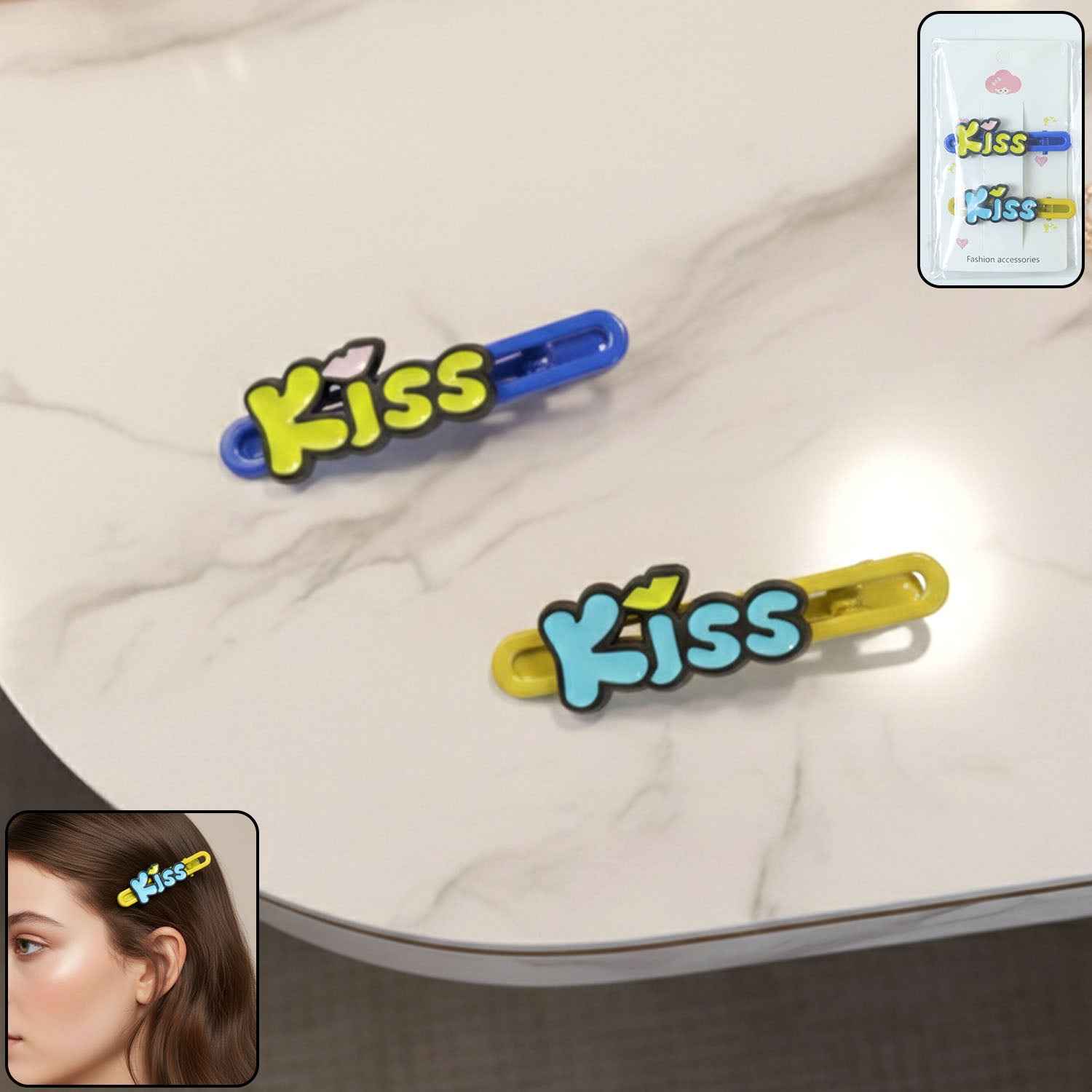 Cute Kiss Text Hair Clip Set (2 Pc)