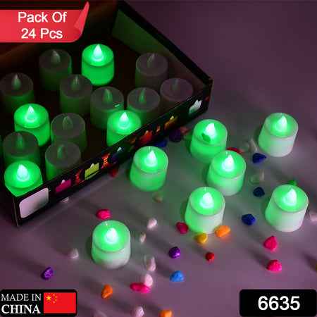 6635 Green Flameless Led Tealights Smokeless Plastic Decorative Candles - Led Tea Light Candle For Home Decoration (Pack Of 24)