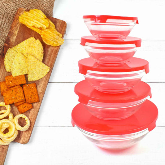 Modern Glass Bowl Set Mixing  Storage Bowls With Red Lids (5 Pcs Set)