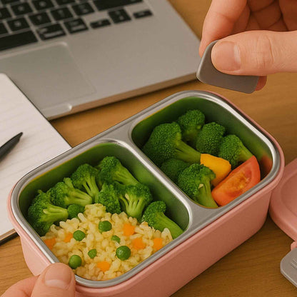 5583 Miracle Quick Lock Leak Proof 2 Compartment Stainless Steel Lunch Box Inner Plate Reusable Microwave Freezer Safe Lunch Box Trendy Thermal Insulation Leak Proof For Office Vacuum Tiffin Box For Boys  Girls  School  Office Women And Men