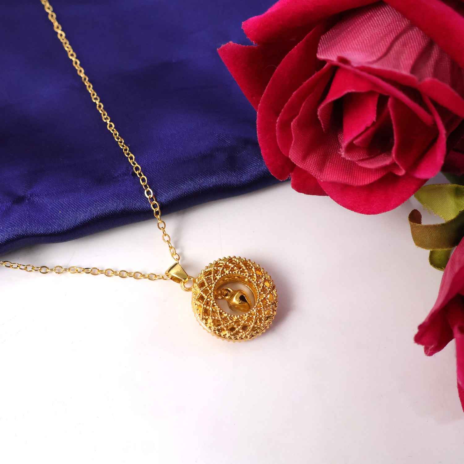 Traditional Gold-tone Round Jhumka Pendant Chain Necklace (1 Pc)