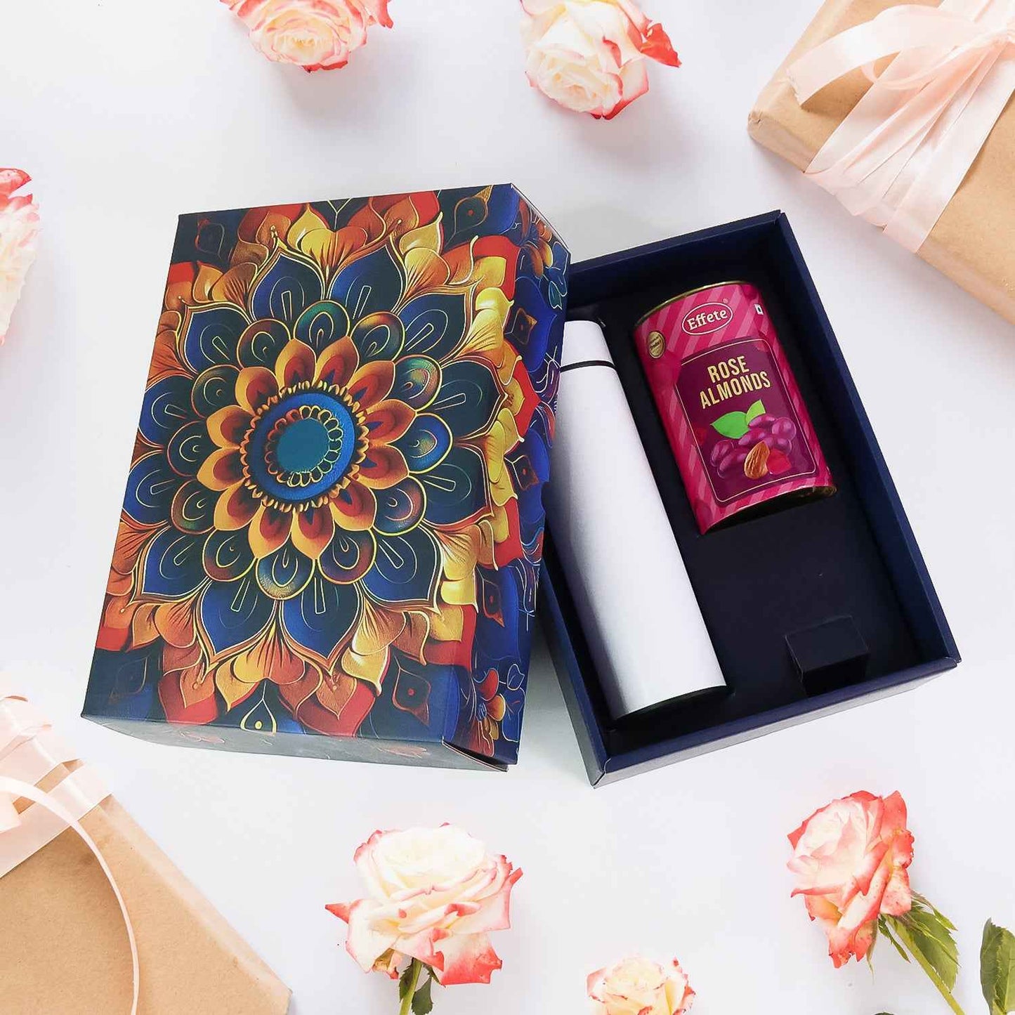 Effete Rose Almonds Gift Hamper Golden With Bottle (2 Pc Set)